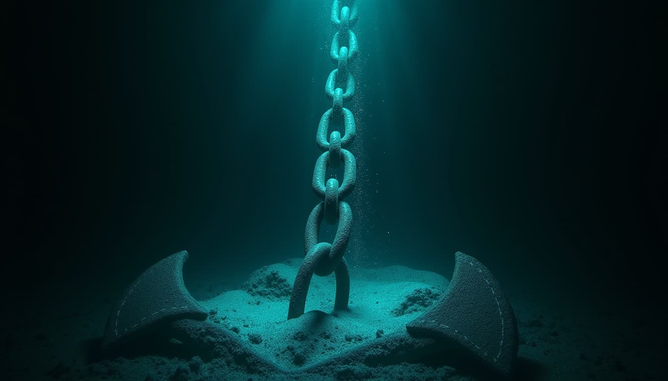 A massive anchor chain descending into black water, each link rimmed with faint teal glow