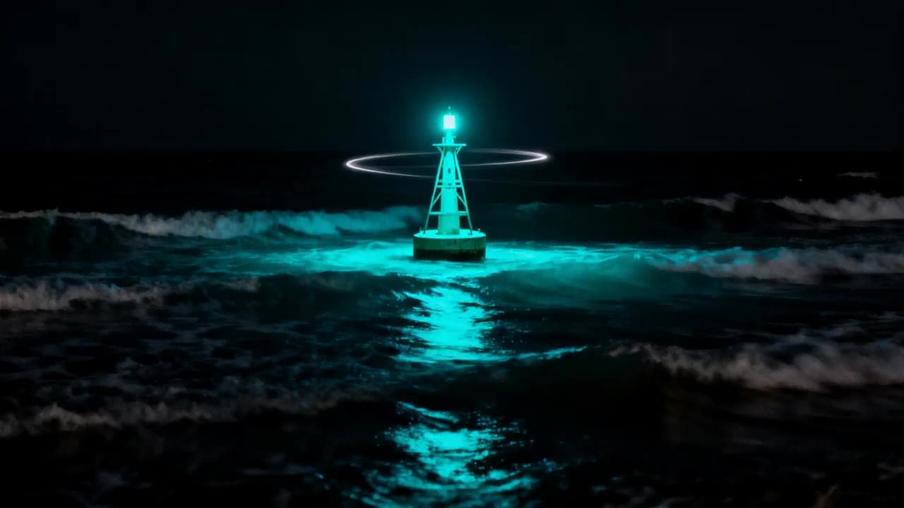 A navigation buoy rocking in dark swells, its teal beacon pulsing, a traced light ring shimmering