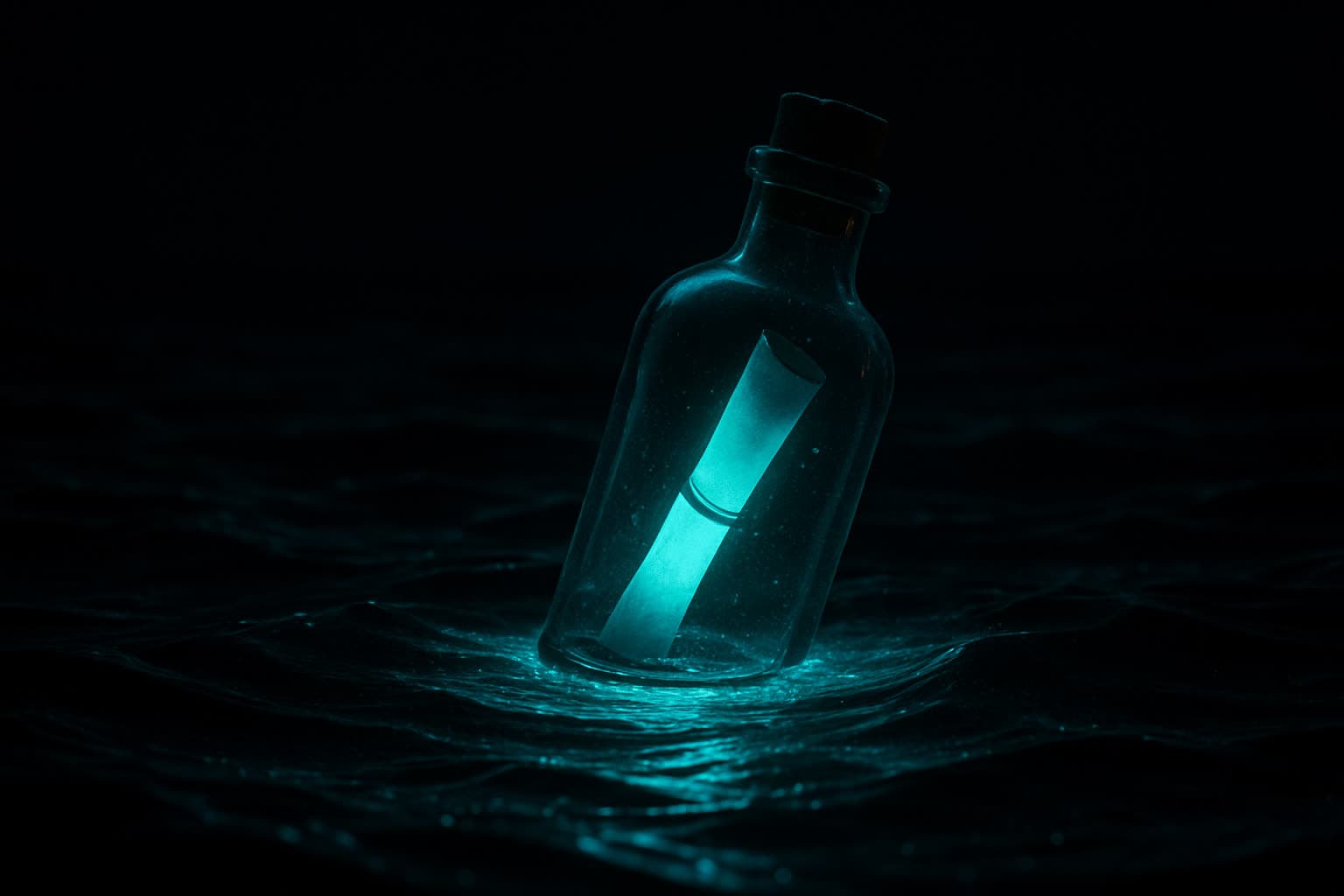 A message in a glass bottle floating on black night water, glowing teal from within