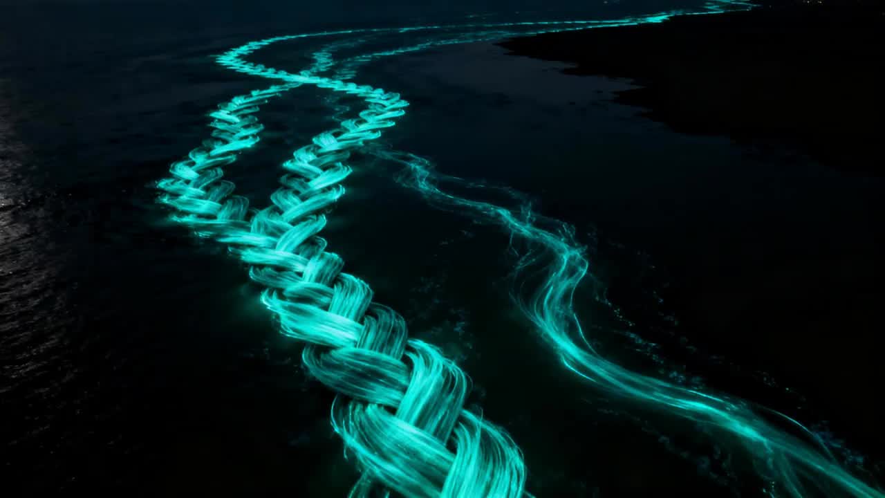 Abstract braided ribbons of teal light flowing and weaving over pitch-black water