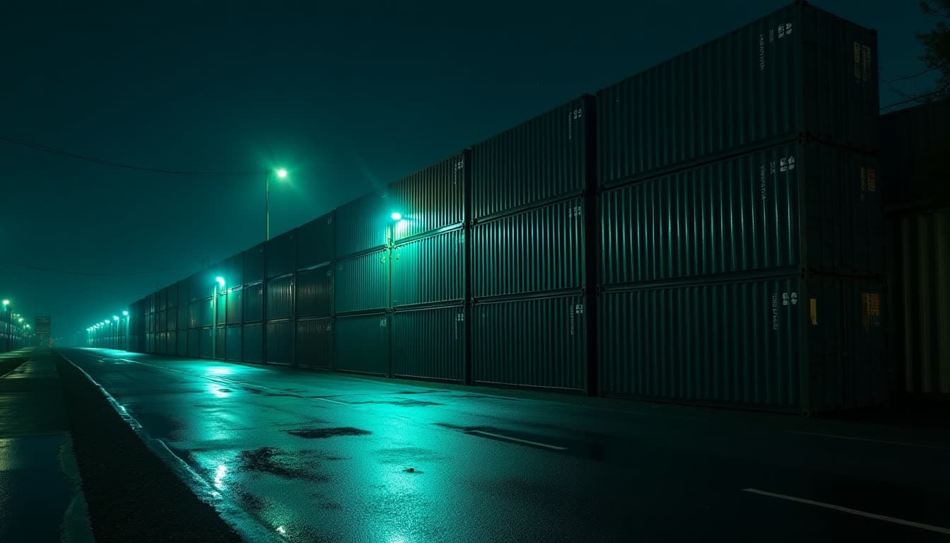 Stacked shipping containers at night with teal light seams and wet asphalt reflections