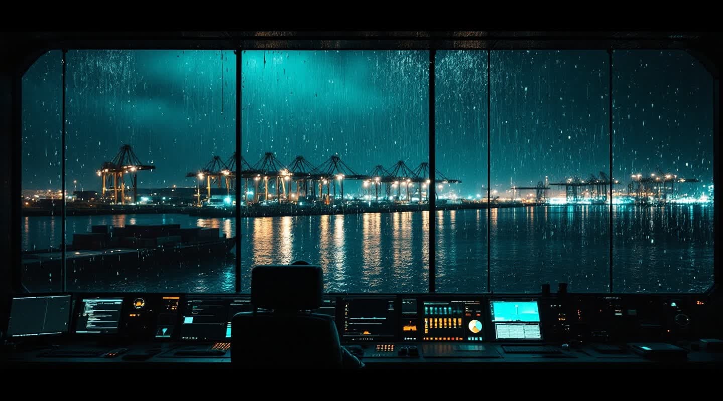 A dark harbor control room at night, monitors casting teal glow onto rain-flecked windows above a container terminal