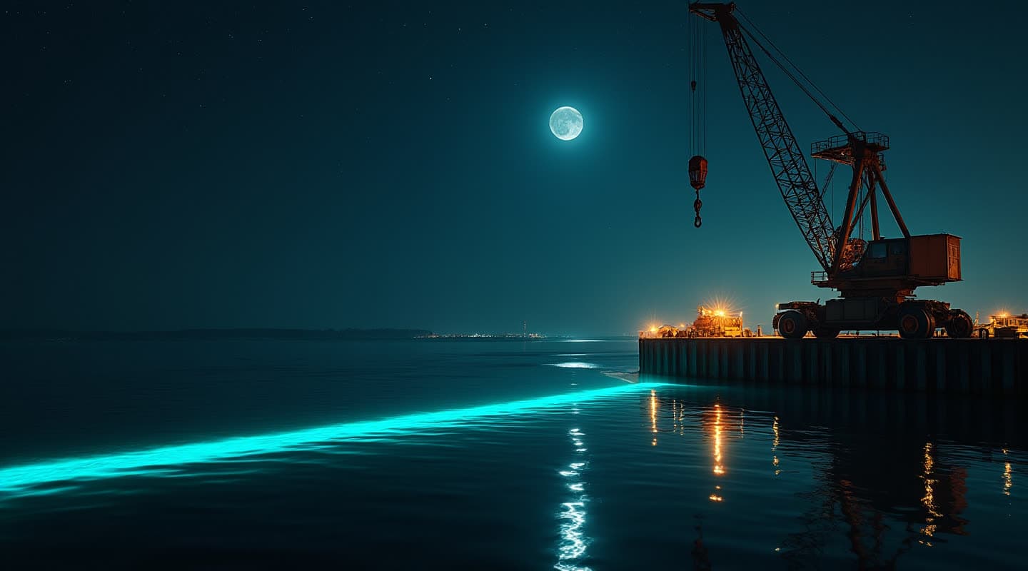 A dockside crane over black water at night, a luminous teal wake line crossing the harbor under the moon