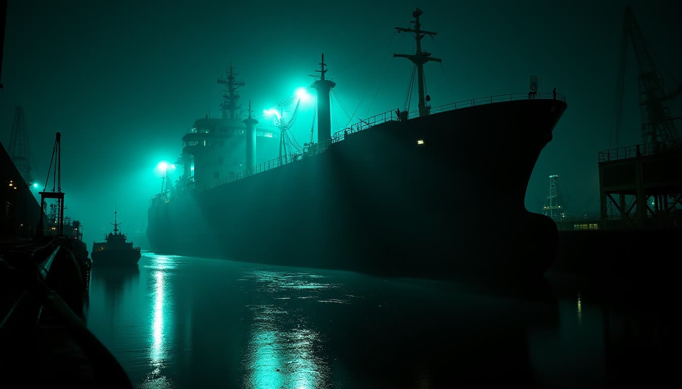A ship hull in a dark drydock at night, lit from below by teal work lights reflecting in black water
