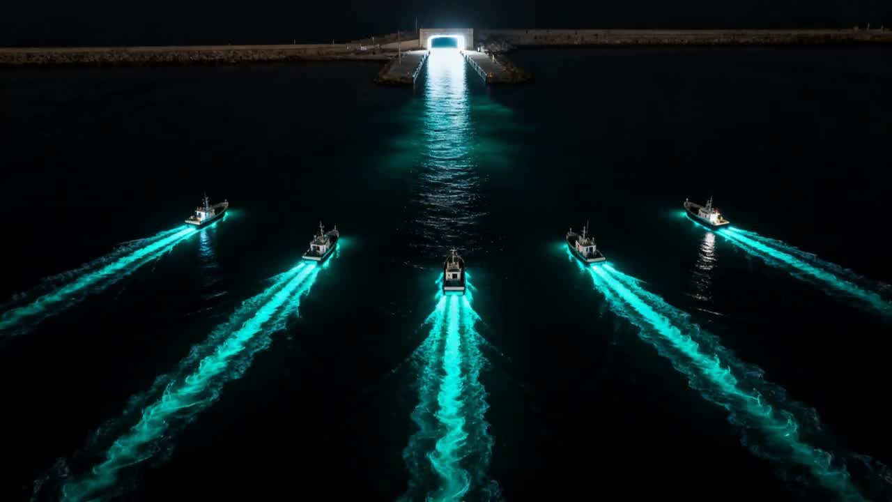 Five vessels advance toward a bright harbor entrance at night, each trailing its own luminous teal wake