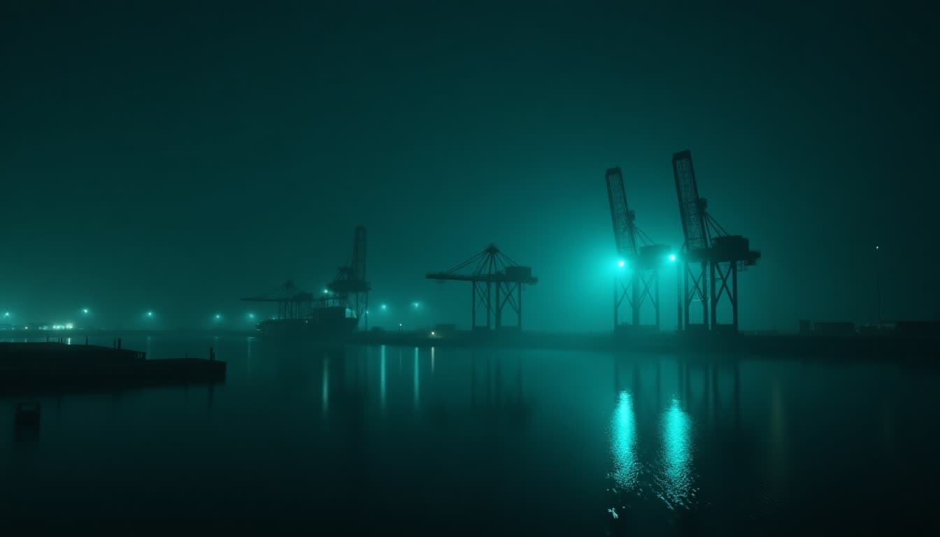 Silhouetted container cranes in teal fog over black harbor water at first light