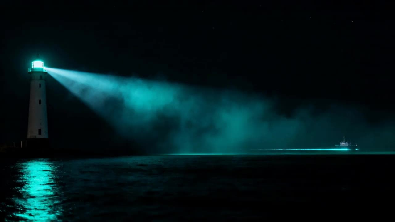 A lighthouse beam sweeping across a black night sea through thin fog, teal shimmer on the water