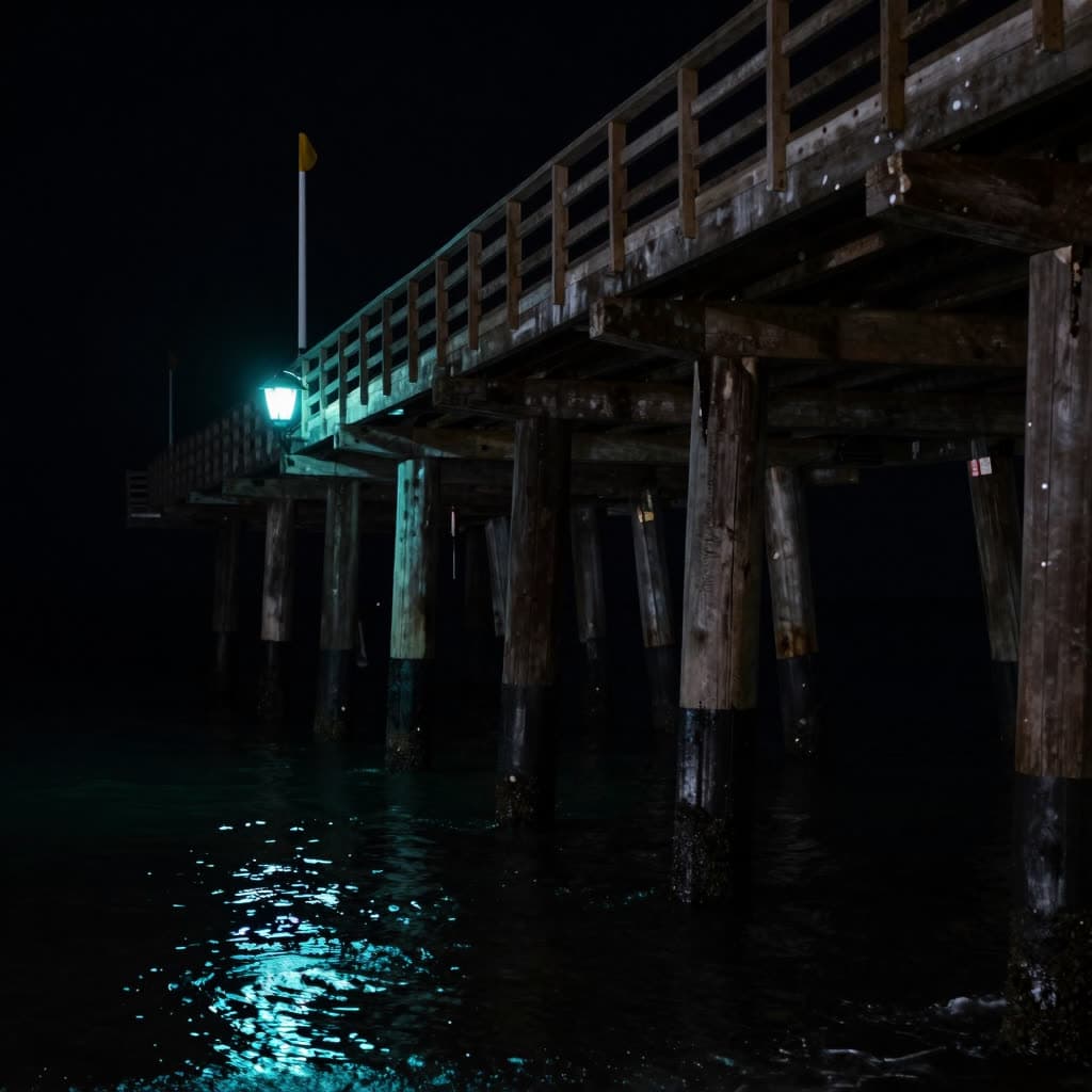 A dark wooden pier stretching into black water, a teal lantern reflecting below