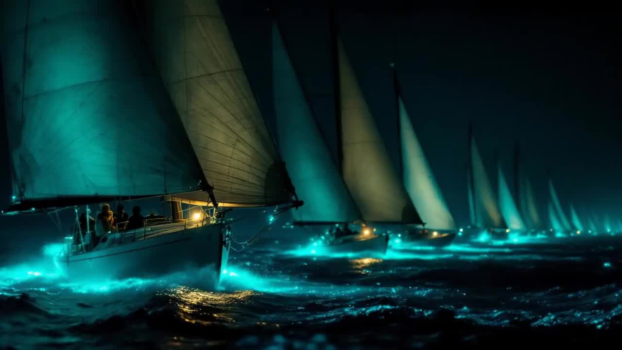 Sailing boats heeling through dark water at night, teal bioluminescence churning along each hull