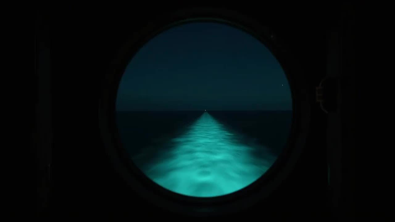 A glowing teal wake line recedes to the horizon, seen through a ship porthole as the swell rises and falls