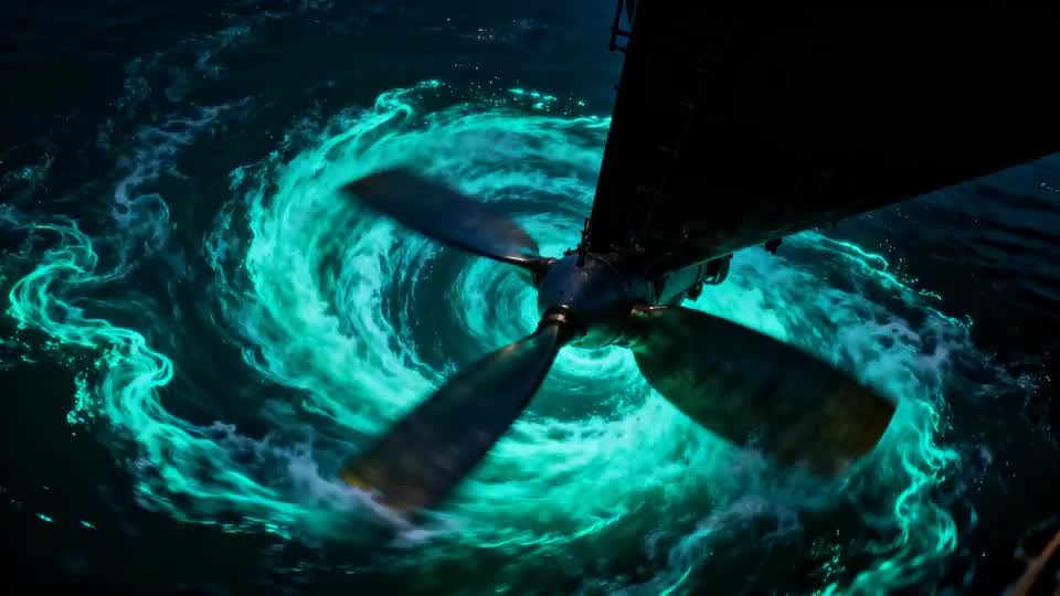Underwater propeller spinning in dark water, teal bioluminescent vortex ribbons spiraling off the blades