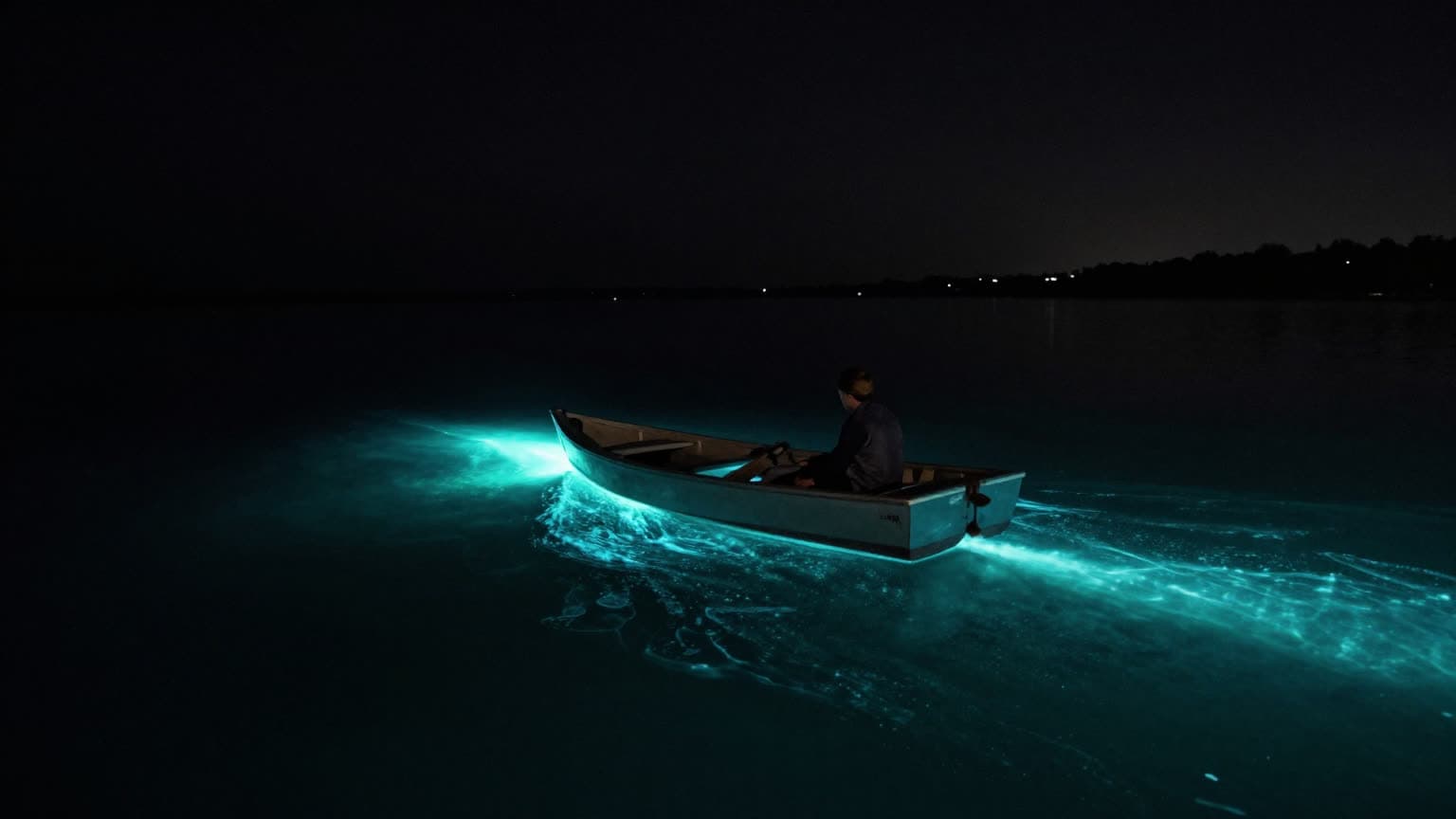 A lone rower crosses black night water, the boat wrapped in glowing teal bioluminescence