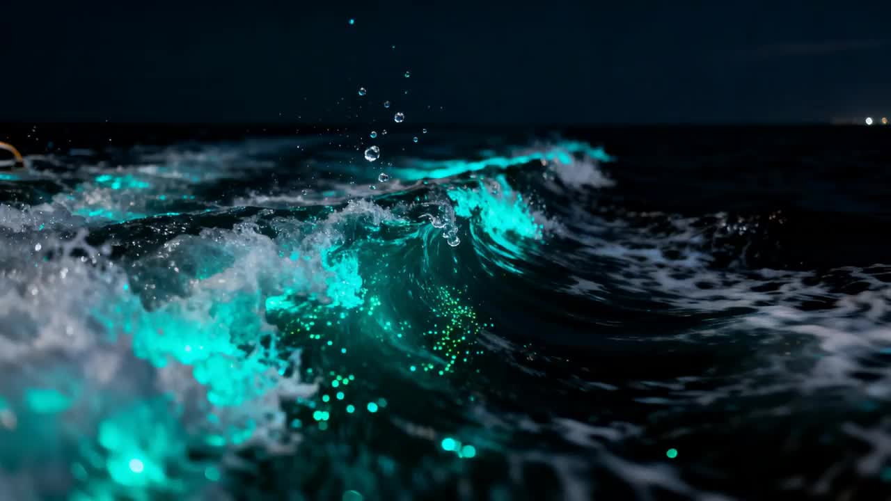 Macro of churning sea foam at night, teal bioluminescent plankton glittering inside the black wave
