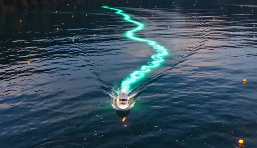 A small vessel draws a glowing teal wake line across calm twilight water, seen from above