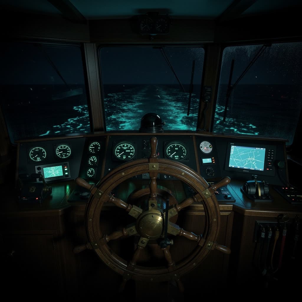 A ship's wheel in a dark wheelhouse, teal instrument glow, the vessel's luminous wake through the window